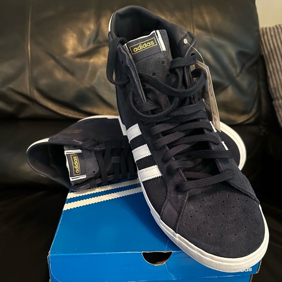 Blue with white stripes, size 12, Adidas Originals Suede High Top Sneakers. - Picture 2 of 7